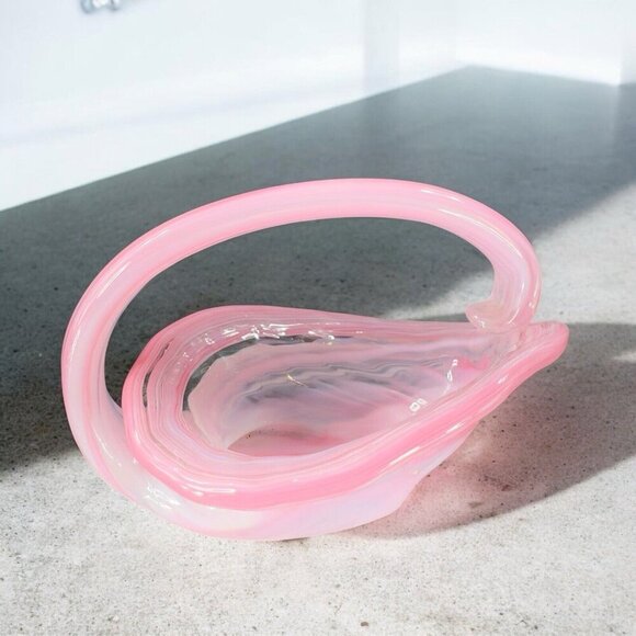 Vintage Sooner Glass Hand Made Pink Swirls Dish Bowl With Handle Basket Handmade - Picture 2 of 14